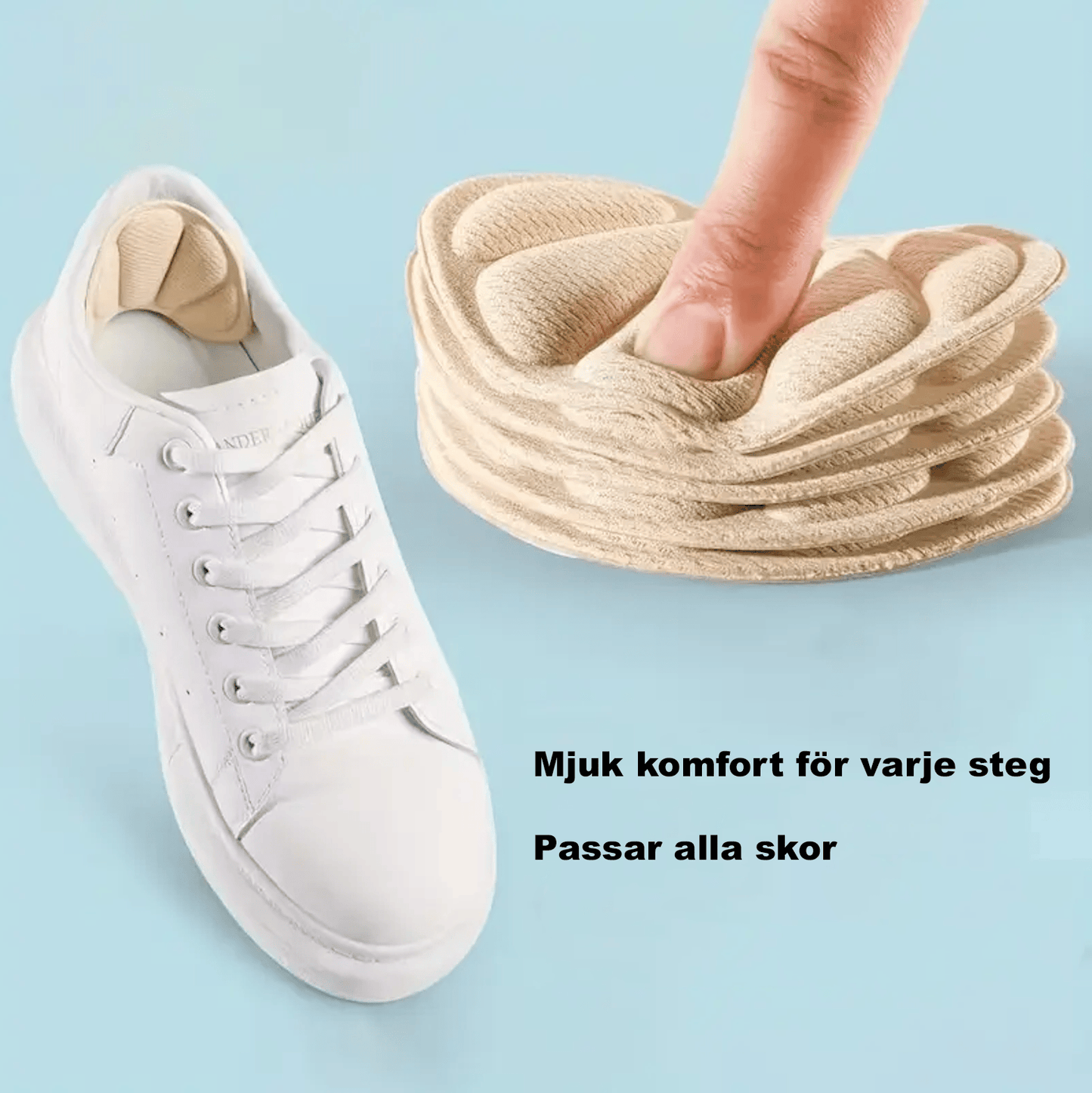 Mjukt självhäftande hälskydd visat i sko och i stapel, för extra komfort