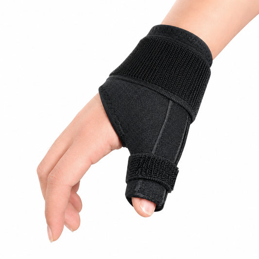 Handledsstöd med tumstöd och justerbara remmar för stabilitet, avlastning och stöd vid smärta i handled och tumme.