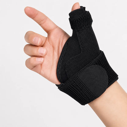 Justerbart tumstöd och handledsstöd som ger stabilitet, kompression och avlastning vid smärta och överbelastning i tumme och handled.