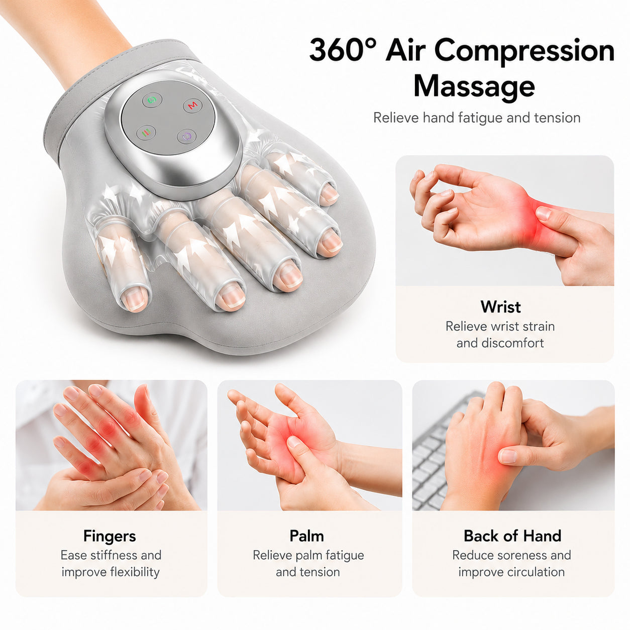 Handmassageapparat med 360° luftkompression för fingrar, handflata och handled
