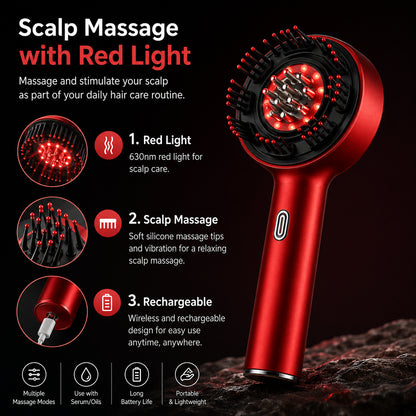 Hårbottenmassage med 630 nm rödljus, mjuka massagepiggar, flera massagelägen och uppladdningsbar design.