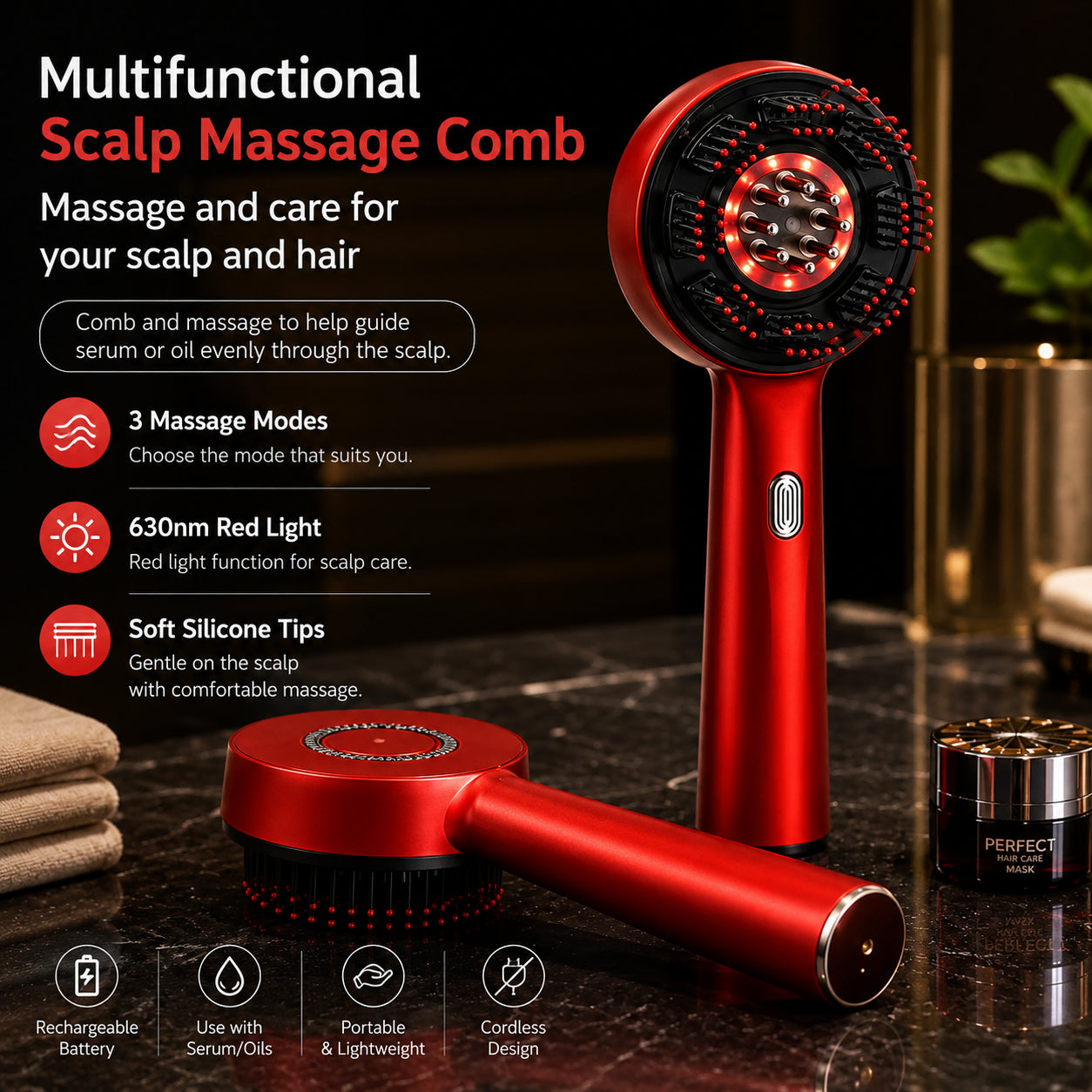Hårbottenmassage med 630 nm rödljus, tre massagelägen, mjuka silikonpiggar och funktion för användning med serum eller olja.