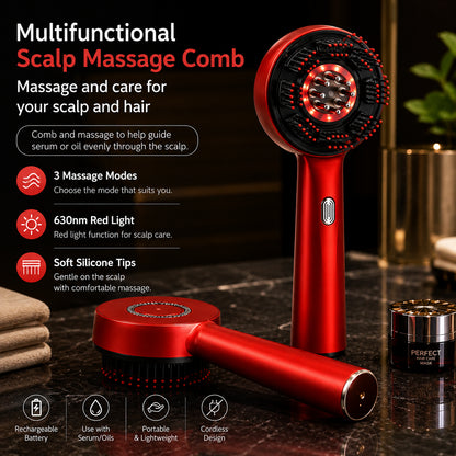 Hårbottenmassage med 630 nm rödljus, tre massagelägen, mjuka silikonpiggar och funktion för användning med serum eller olja.