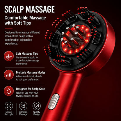 Hårbottenmassage med mjuka massagepiggar, flera massagelägen, vibrationsmassage och 630 nm rödljus.