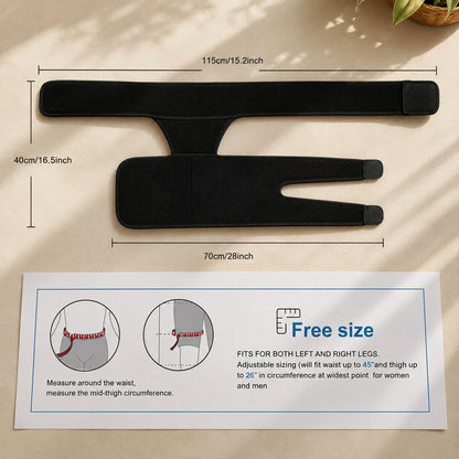 Måttguide för neoprenbaserat höftstöd med produktmått och instruktioner för justerbar passform.
