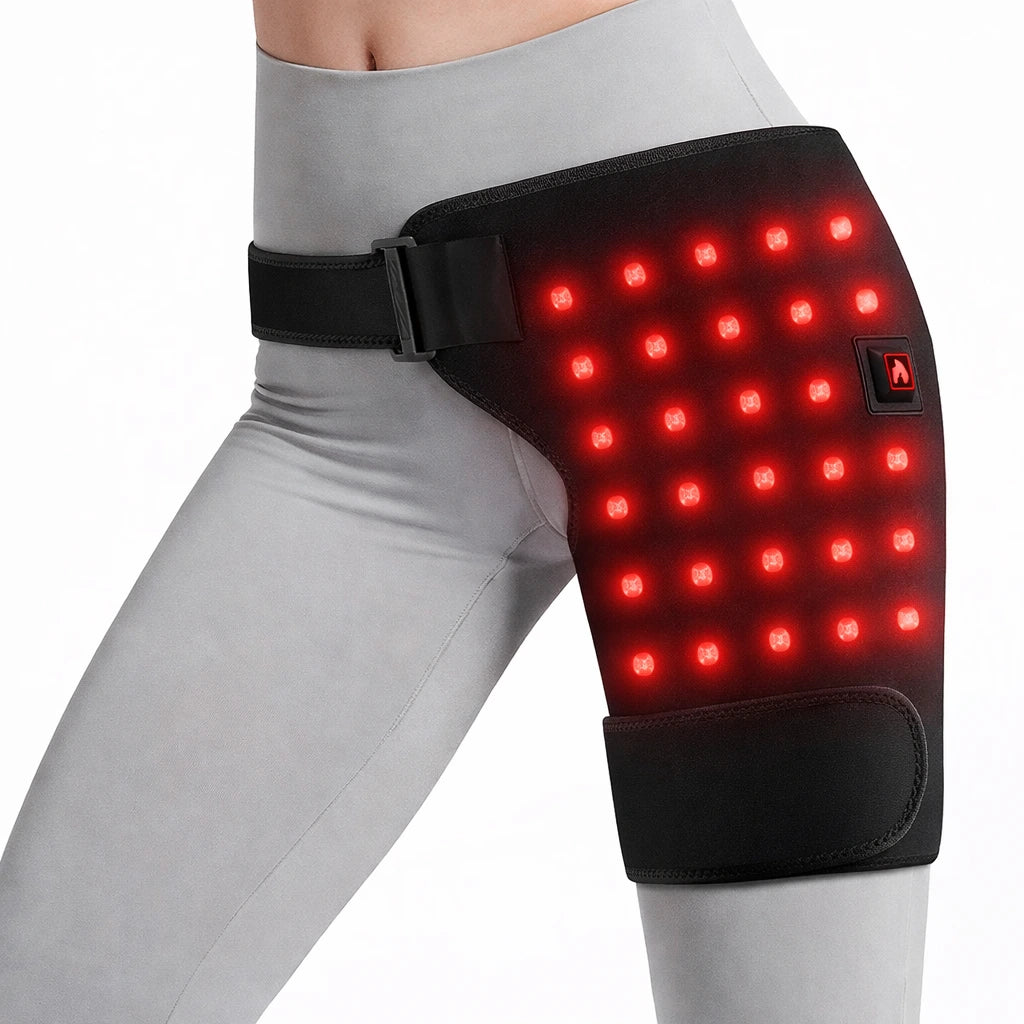 Höftvärmare med värme och massage placerad runt höften