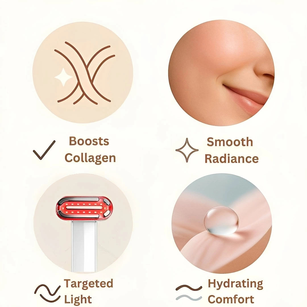 Illustration som visar hudvårdsapparat med rött ljus tillsammans med symboler för hudvård och komfort