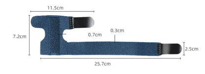 Storleksbild för justerbar fingerskena med aluminiumstöd och mått i centimeter.