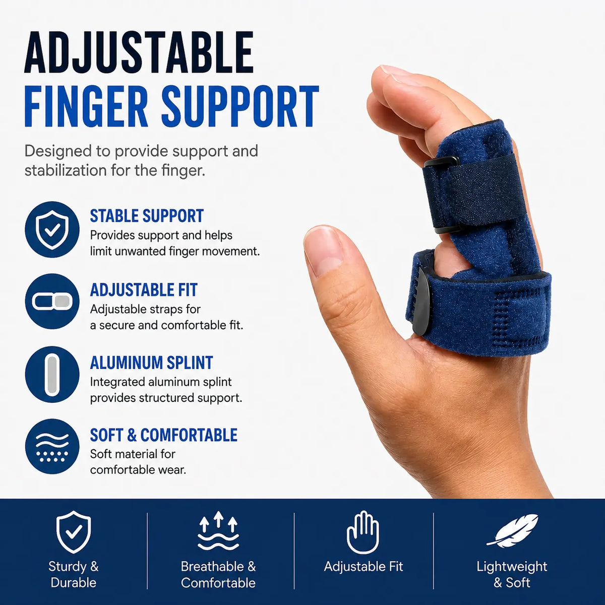 Justerbar fingerskena med aluminiumstöd med justerbara remmar och information om stabilisering, passform och material.