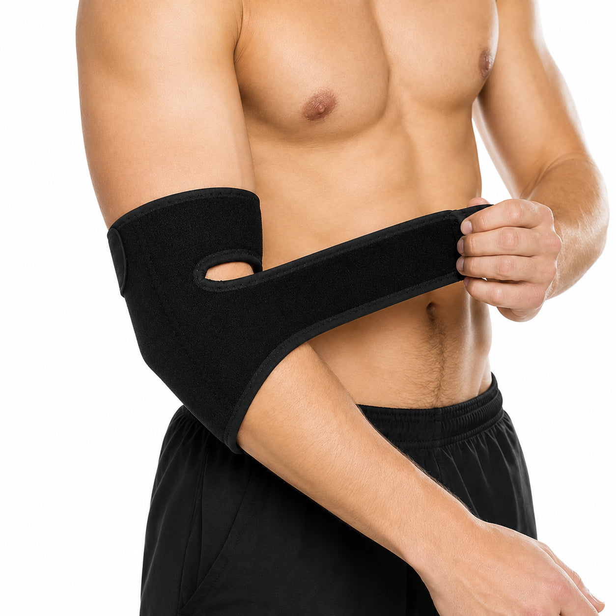 Justerbart armbågsstöd med kardborreband som ger kompression och stöd runt armbågen.