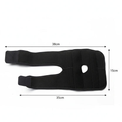 Justerbart armbågsstöd i svart med måtten 38 × 15 cm.