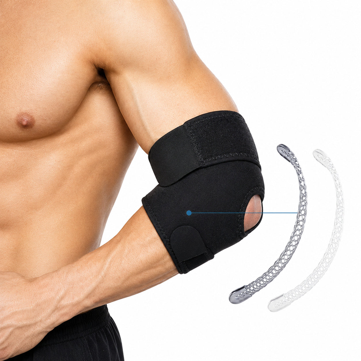 Justerbart armbågsstöd med öppning över armbågen och avtagbara stödskenor för extra stabilitet.