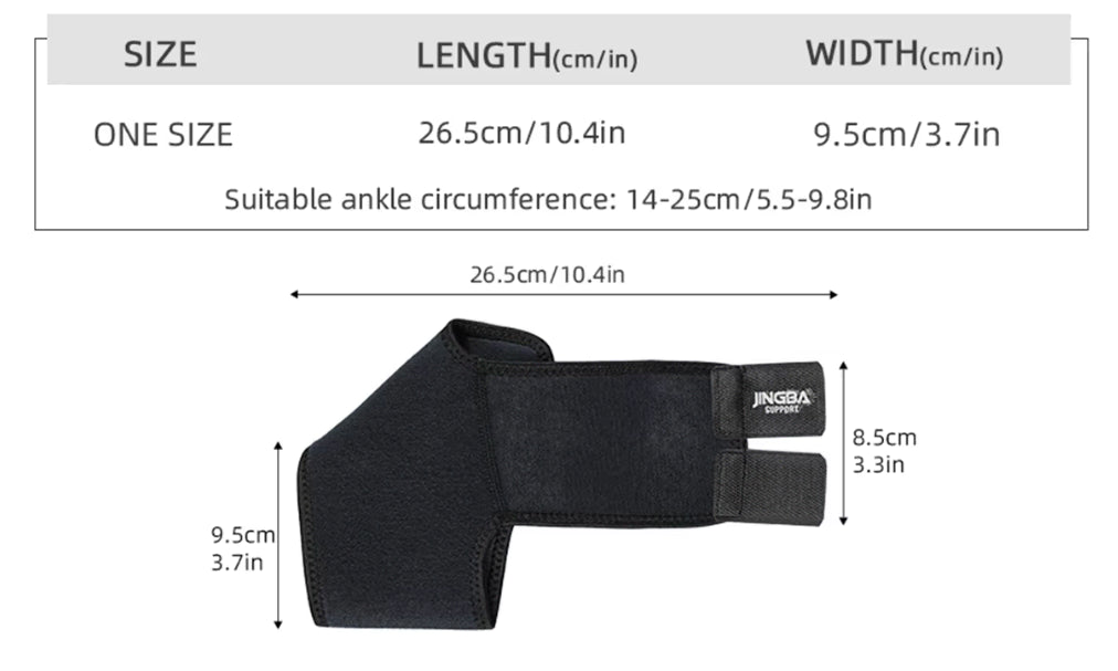 Justerbart fotledsstöd med måttangivelser och kardborreband som passar fotledsomkrets 14–25 cm.