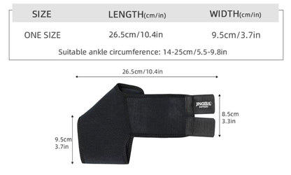 Justerbart fotledsstöd med måttangivelser och kardborreband som passar fotledsomkrets 14–25 cm.