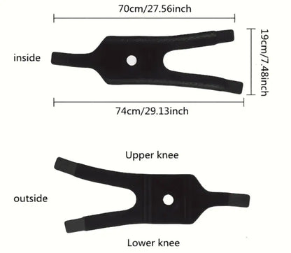 Storleksbild för justerbart knäskydd med mått för längd och bredd.