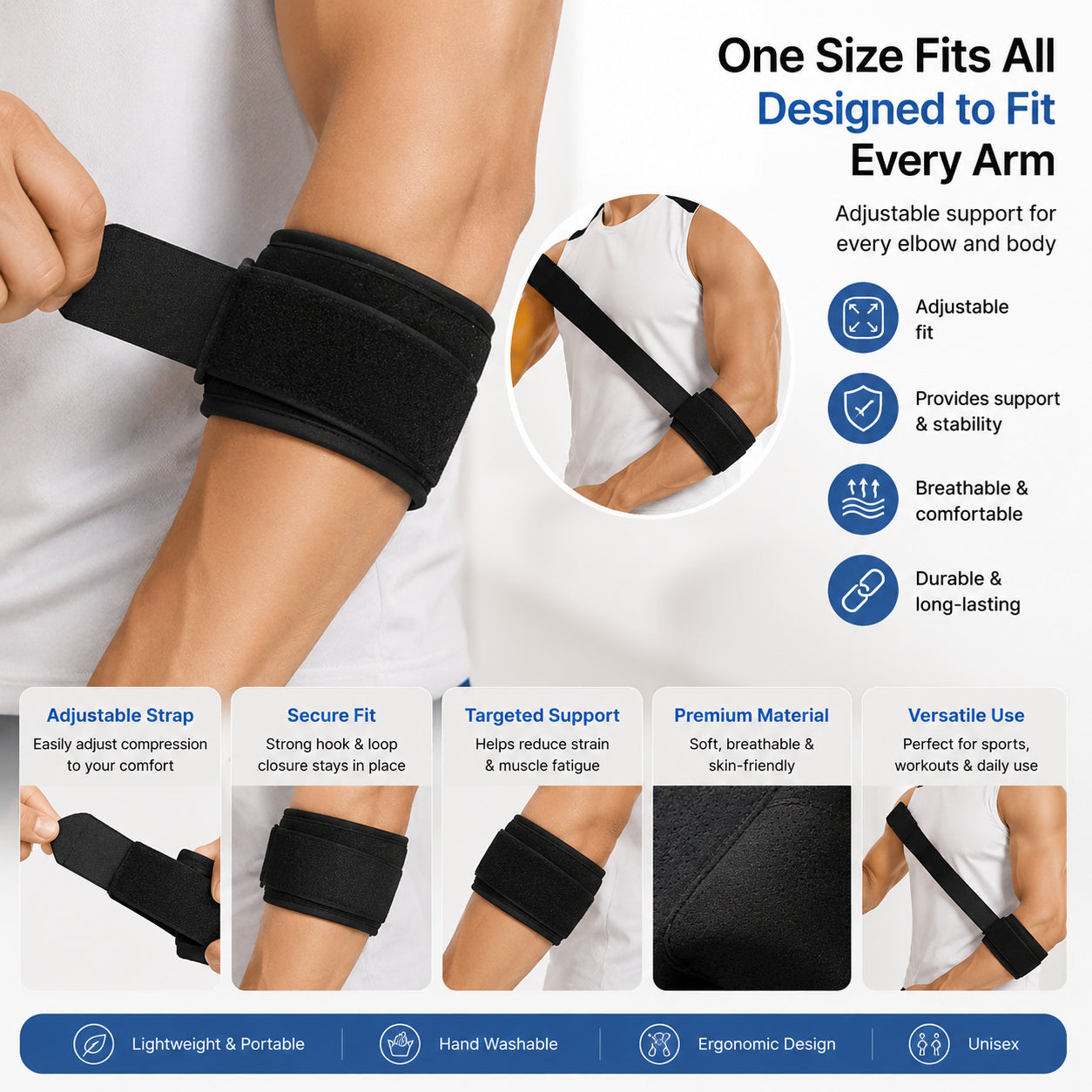 Justerbart armbågsstöd för tennisarmbåge med justerbar kompression som ger stabilitet, riktat stöd och bekväm passform för sport och vardag.