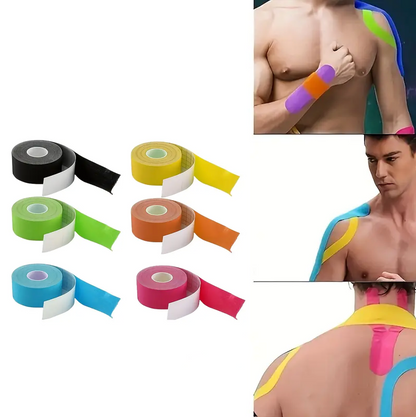 Kinesiologitejp i olika färger.