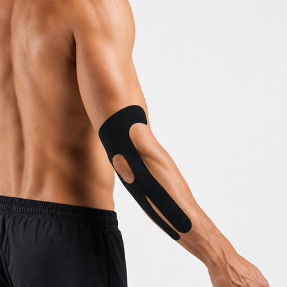 Man med svart förklippt kinesiologitejp med flexibel design applicerad runt armbågen och längs underarmen.