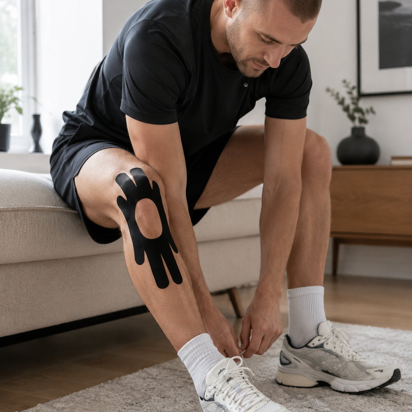 Man med svart förklippt kinesiologitejp med 4-vägsdesign applicerad runt knät.