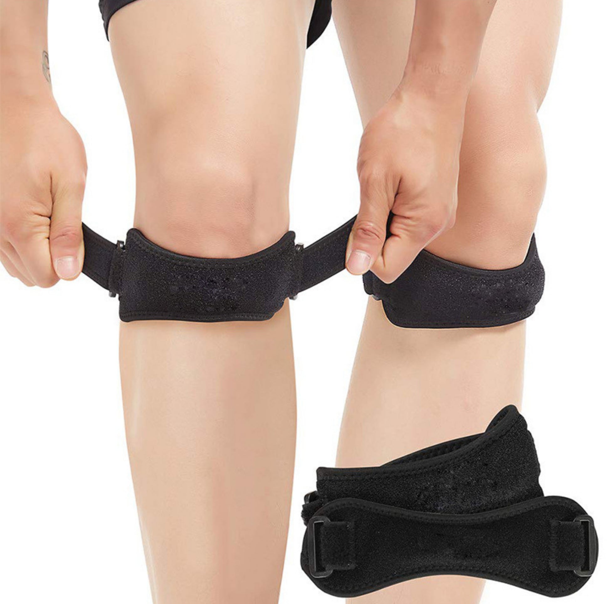 Knäskydd för hopparknä som justeras runt knäsenan under knäskålen för riktad avlastning och stöd.