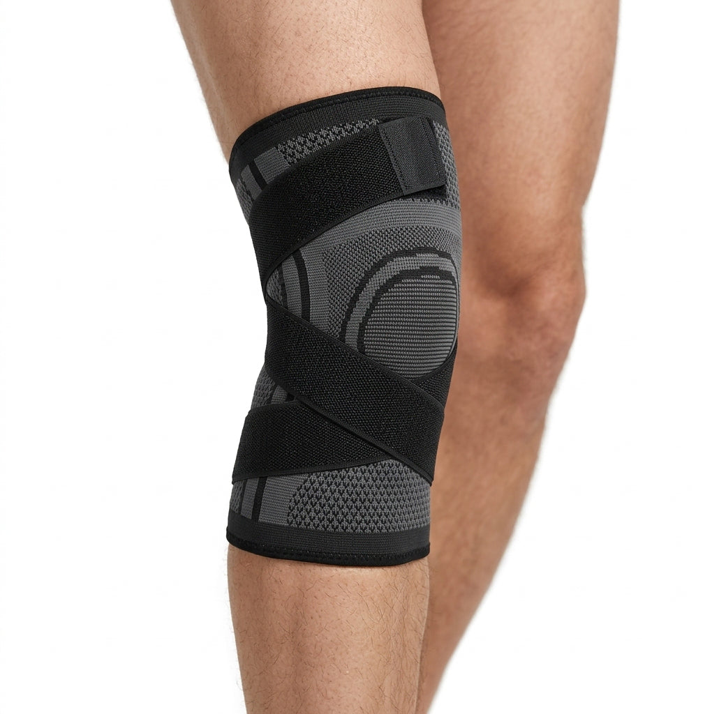 Justerbart knästöd med korsade stabiliseringsband och kompression