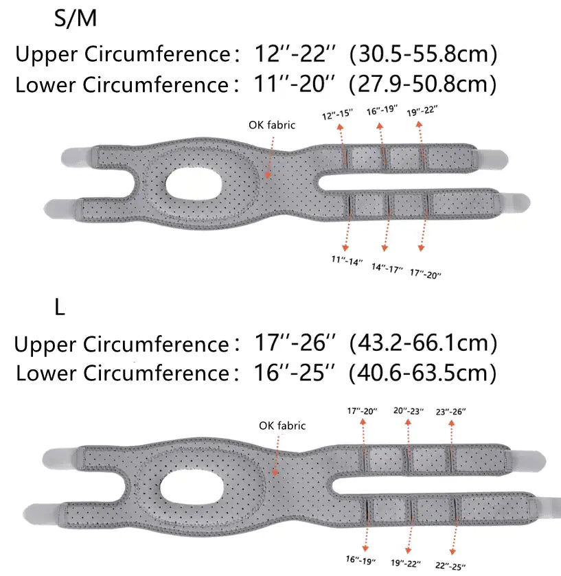 Storleksguide för knästöd mot hopparknä och schlatterknä med mått för omkrets ovan och under knät.