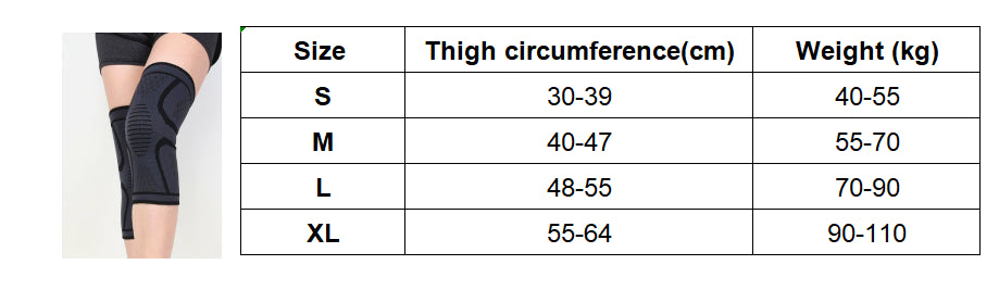 Storlekstabell för kompressionsknästöd med mått för lårens omkrets och rekommenderad kroppsvikt i storlekar S–XL.