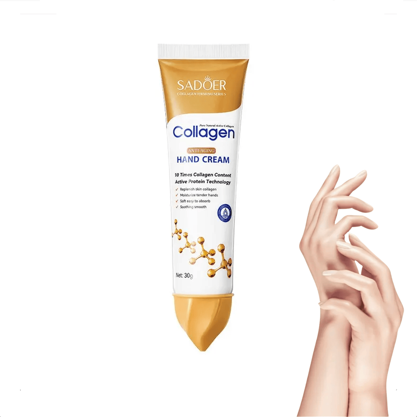 Handkräm i tub placerad bredvid händer med mjuk och återfuktad hud