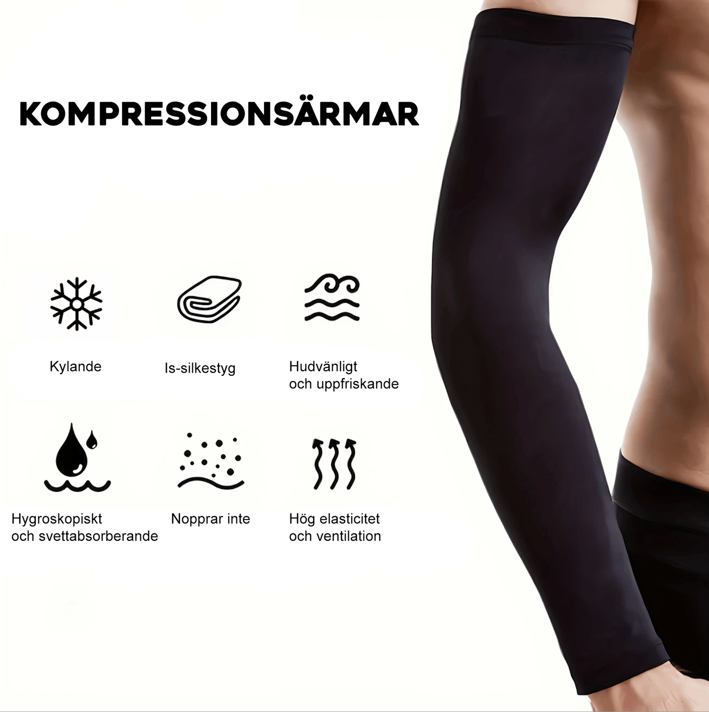 Kompressionsärmar i Ice-Silk med illustrerade fördelar som kylande och elastisk funktion