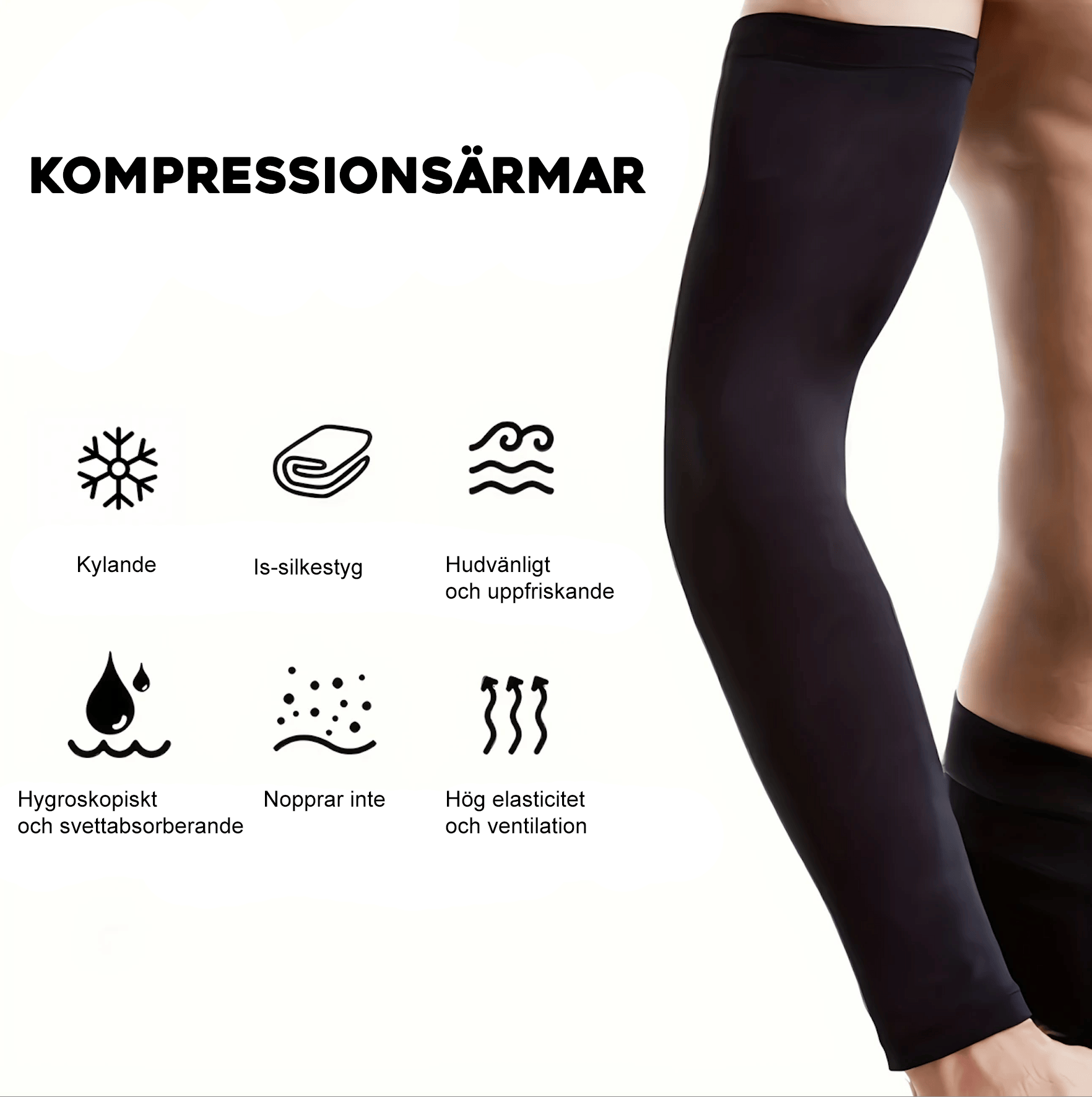 Kompressionsärmar i Ice-Silk med illustrerade fördelar som kylande och elastisk funktion