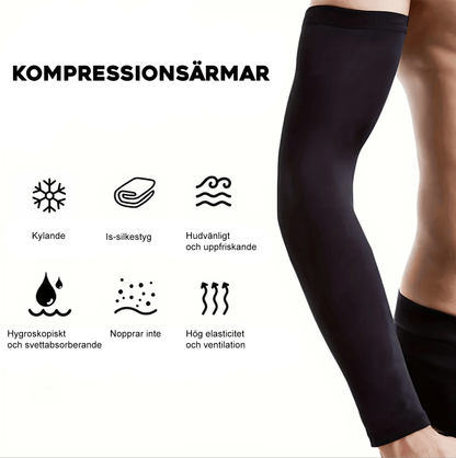 Kompressionsärmar i Ice-Silk med illustrerade fördelar som kylande och elastisk funktion