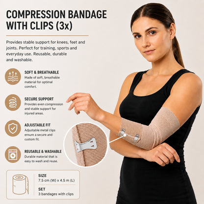 Kvinna bär ett elastiskt kompressionsbandage med metallspännen på armbågen som ger justerbart stöd och kompression.