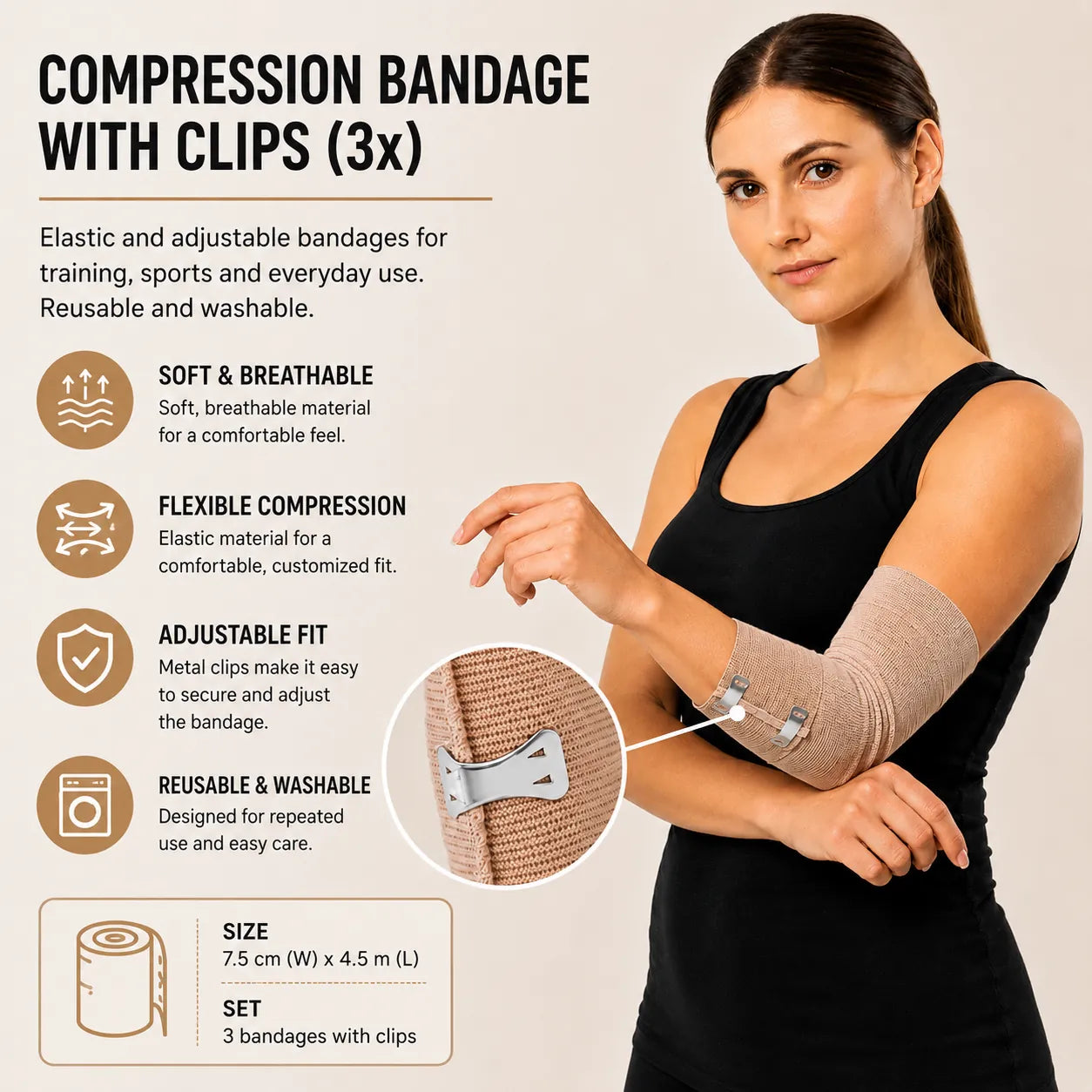 Kvinna bär elastiskt kompressionsbandage med metallspännen runt armbågen.