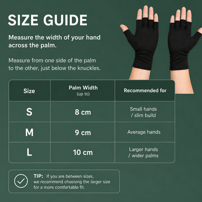 Storleksguide för kompressionshandskar med mått för handflatans bredd och storlekar S, M och L.