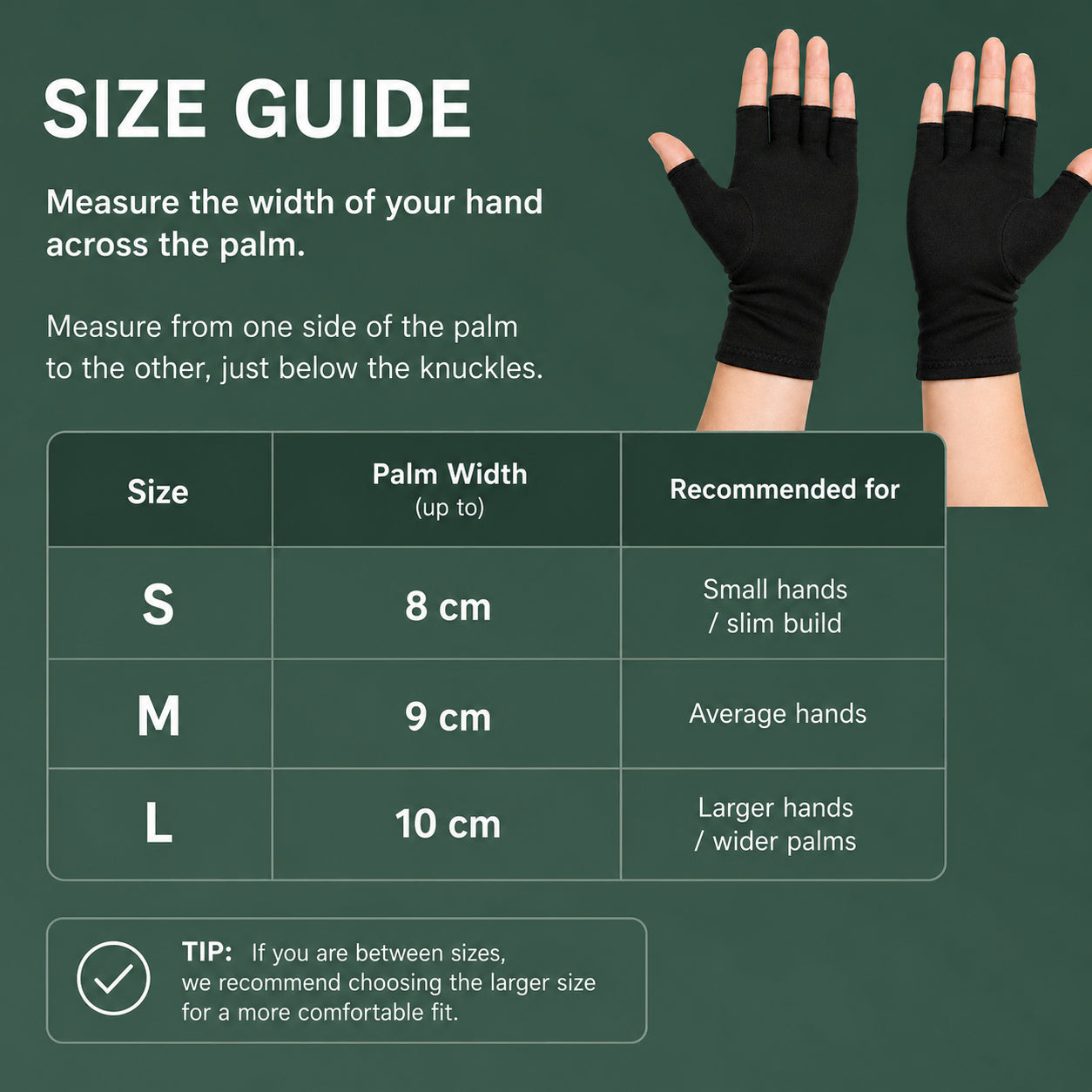 Storleksguide för kompressionshandskar utan fingertoppar med mått för handflata och rekommenderade storlekar S, M och L.