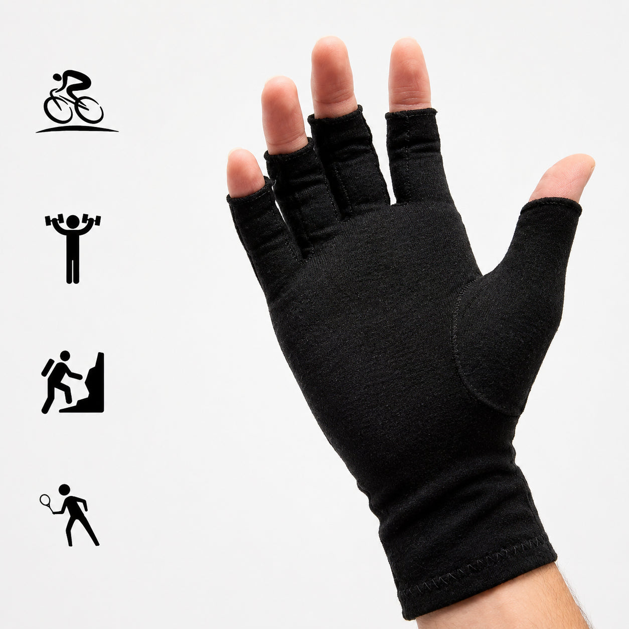 Svart kompressionshandske med öppna fingertoppar som ger stöd och komfort vid träning, cykling, klättring och andra aktiviteter.