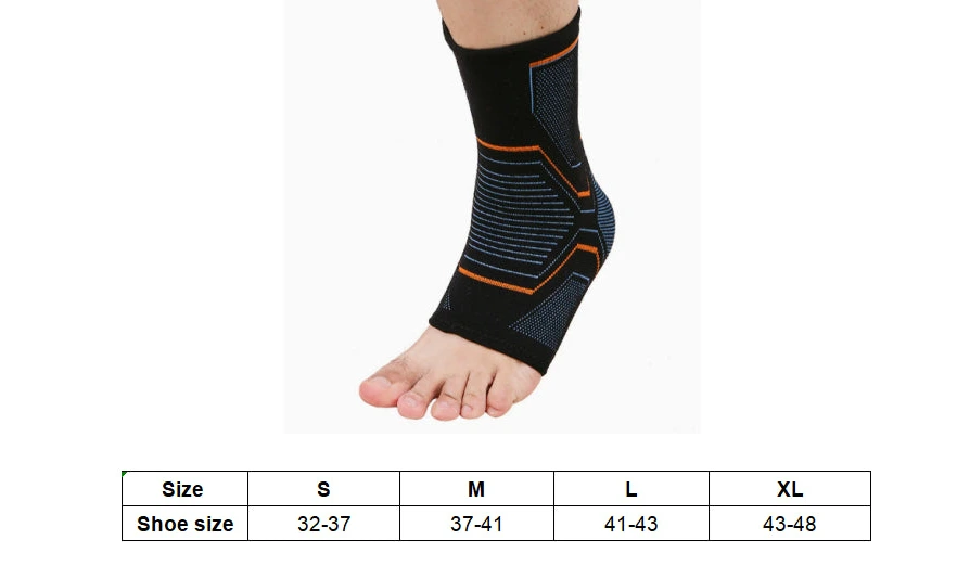 Kompressionsstöd för fotled och häl med storlekstabell baserad på skostorlek för optimal passform.