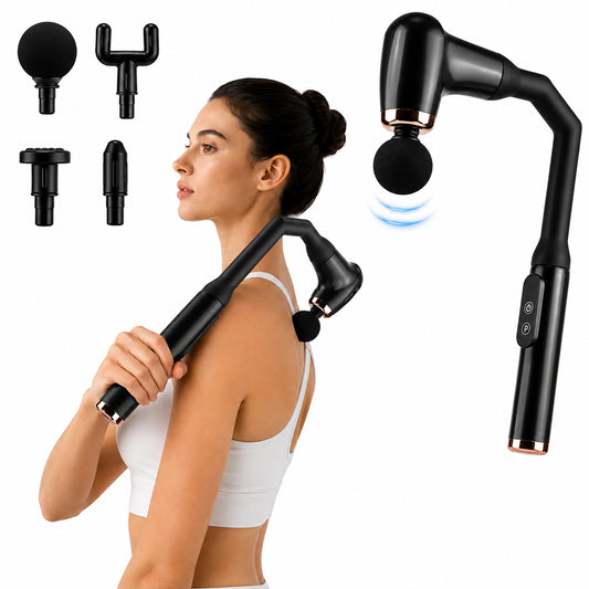 Massagepistol för rygg med långt handtag, fyra utbytbara massagehuvuden och vibrationsmassage.