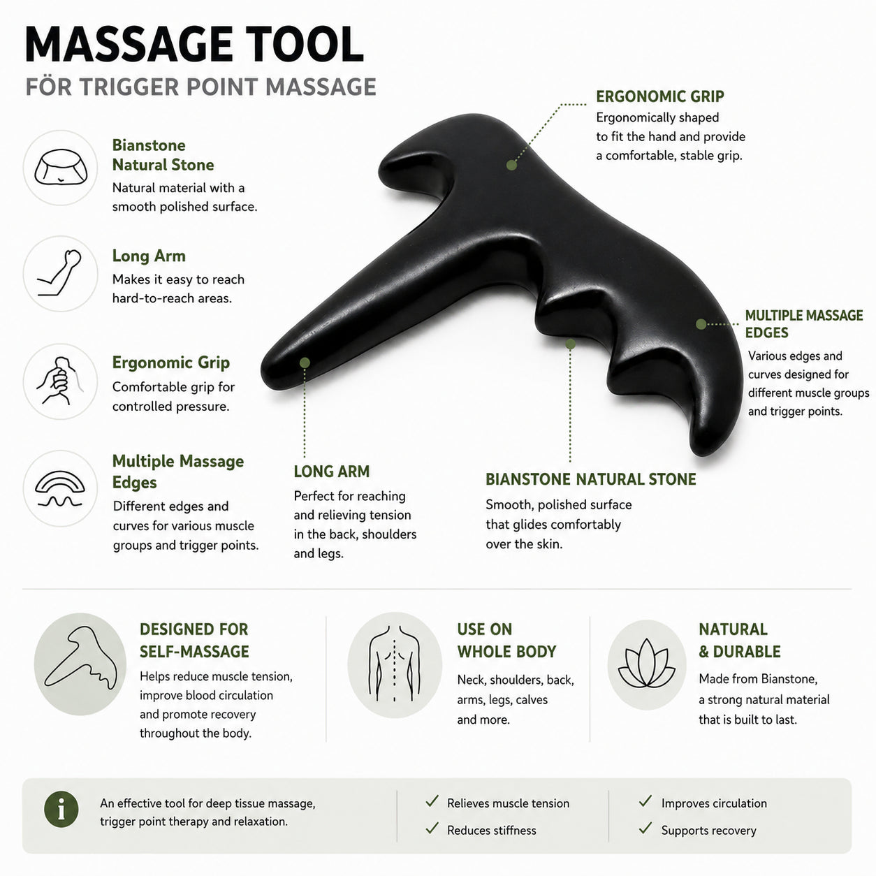 Ergonomiskt massageverktyg för triggerpunkts- och djupvävnadsmassage med flera massagekanter för nacke, rygg, axlar och ben.