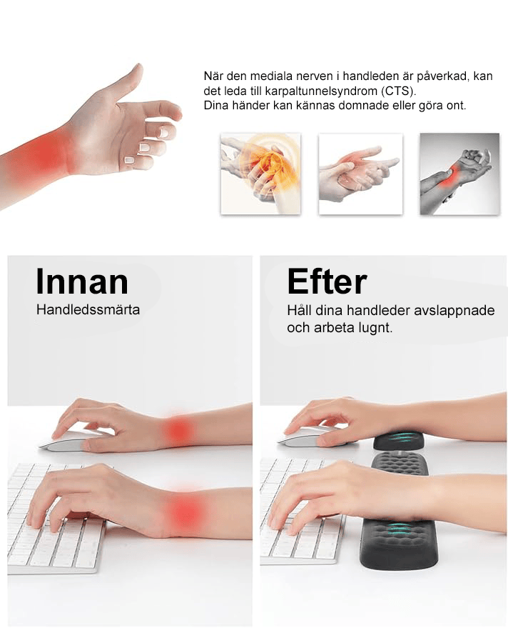 Händer som vilar på handledsstöd vid skrivarbete