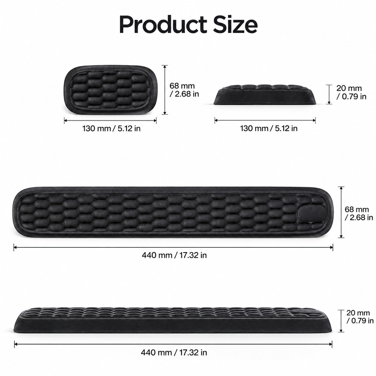 Storleksguide för ergonomiskt handleds- och musstöd i memory foam.