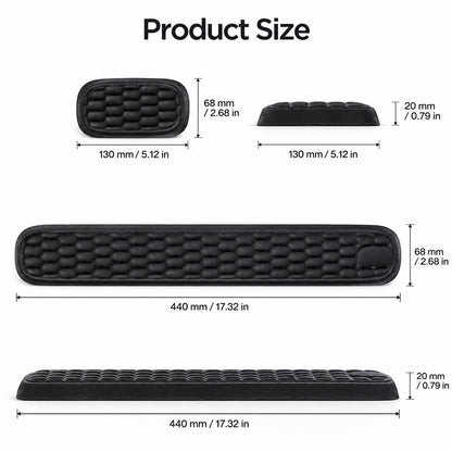 Storleksguide för ergonomiskt handleds- och musstöd i memory foam.