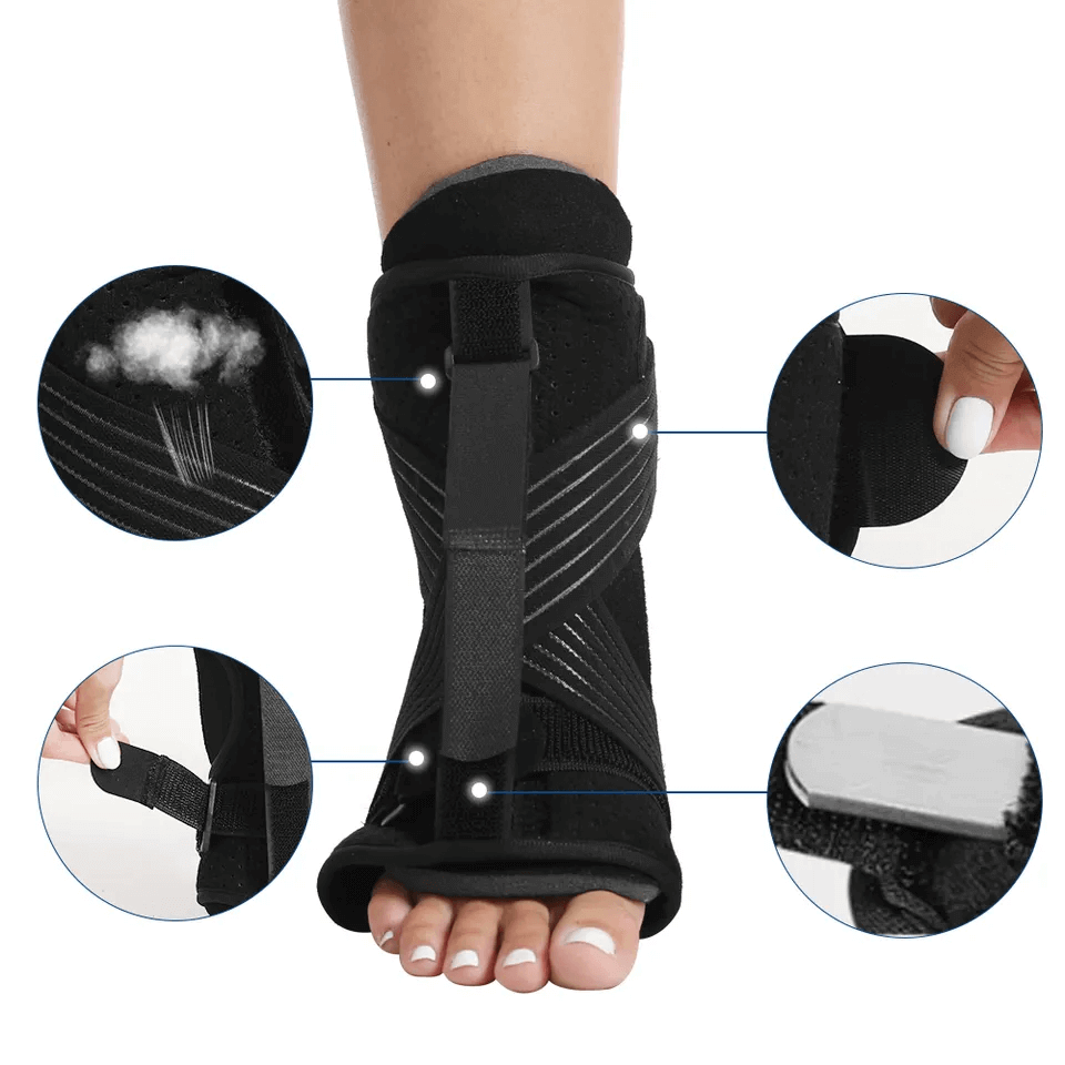 Fot med nattskena som håller hälen och foten i sträckt position