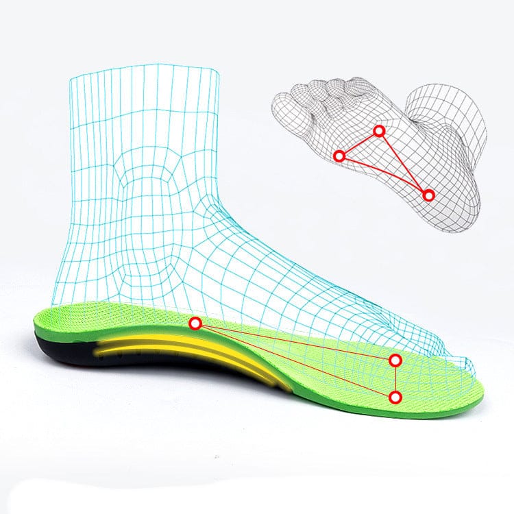 Illustration som visar hur inläggssulan följer fotens form med markerade belastningspunkter och stödzoner under hålfot och framfot