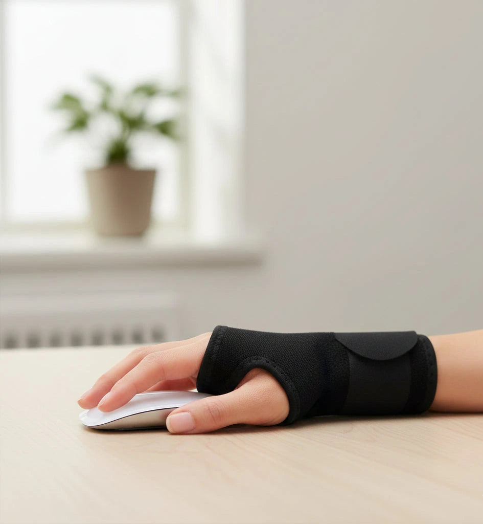 Handledsstöd med justerbar passform som används vid datorarbete för att avlasta handleden.