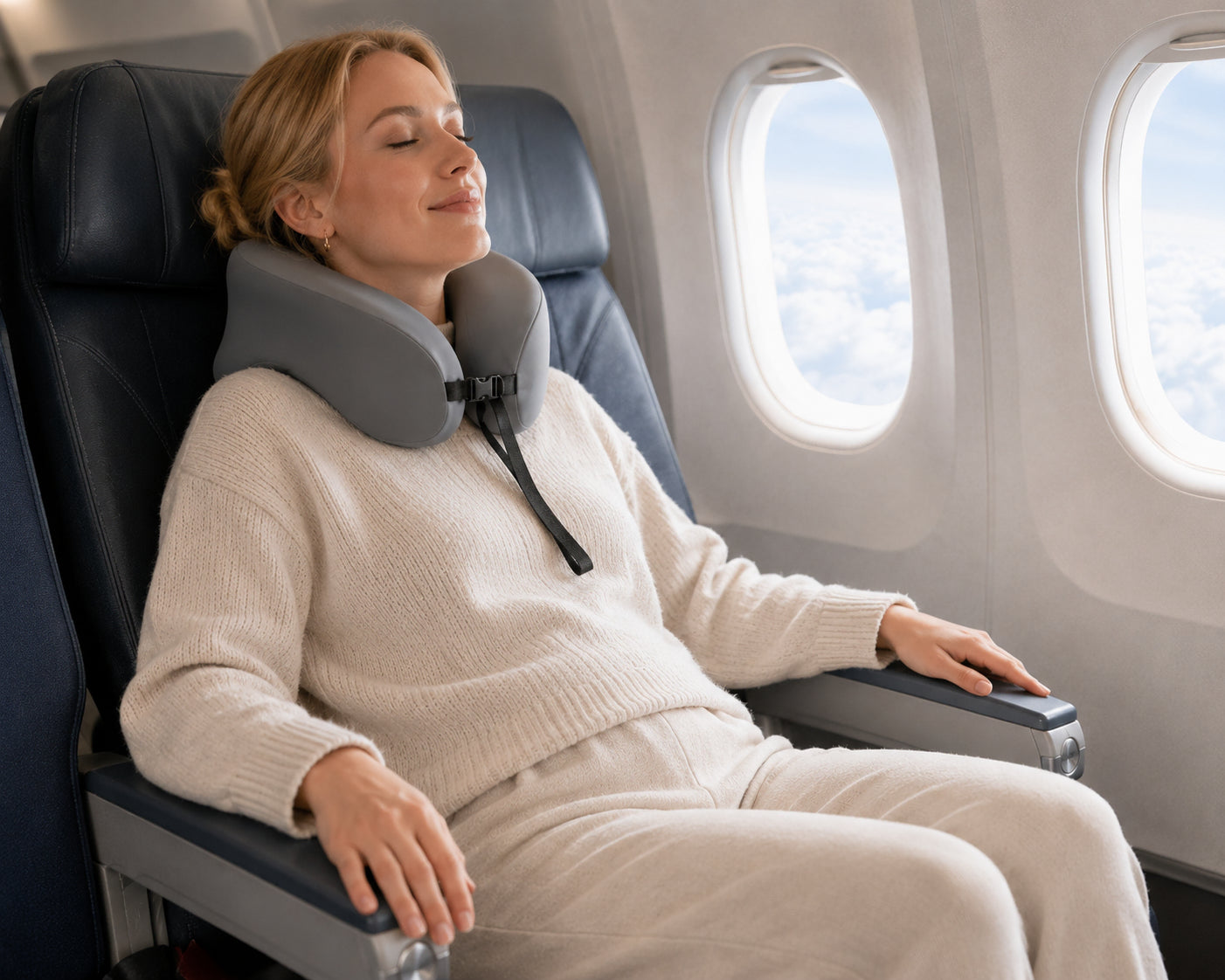Resekudde med huvudstöd som ger stabilt stöd för nacke och huvud under flygresor.