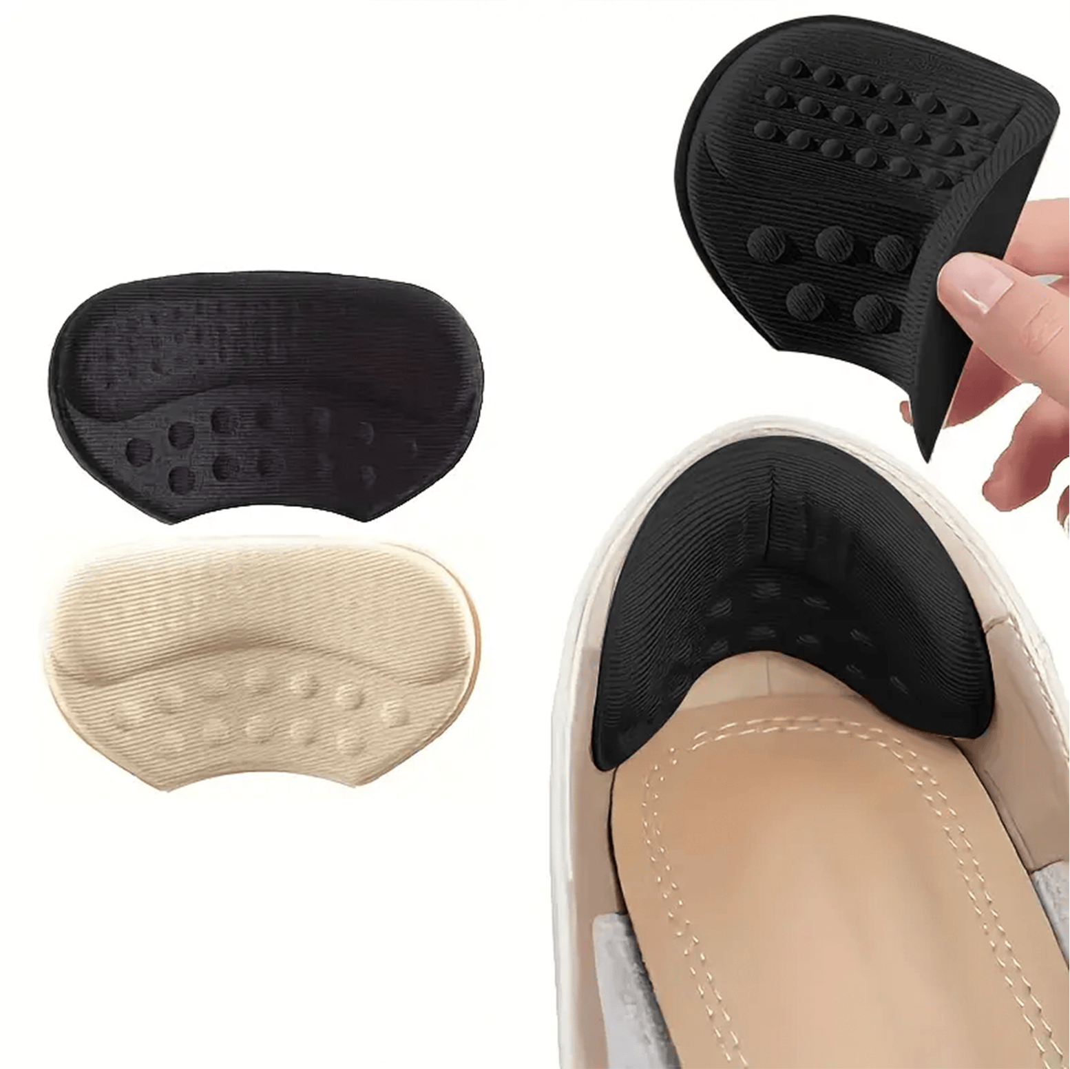 Självhäftande hälkuddar i beige och svart – visas både lösa och placerade i sko.