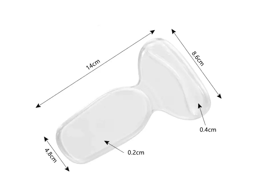 Storleksbild av skoskyddsinlägg i silikon för hälsporre med måttangivelser.