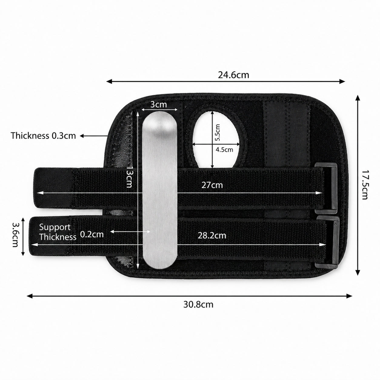 Storleksguide med mått för stabilt handledsbandage med aluminiumskena.