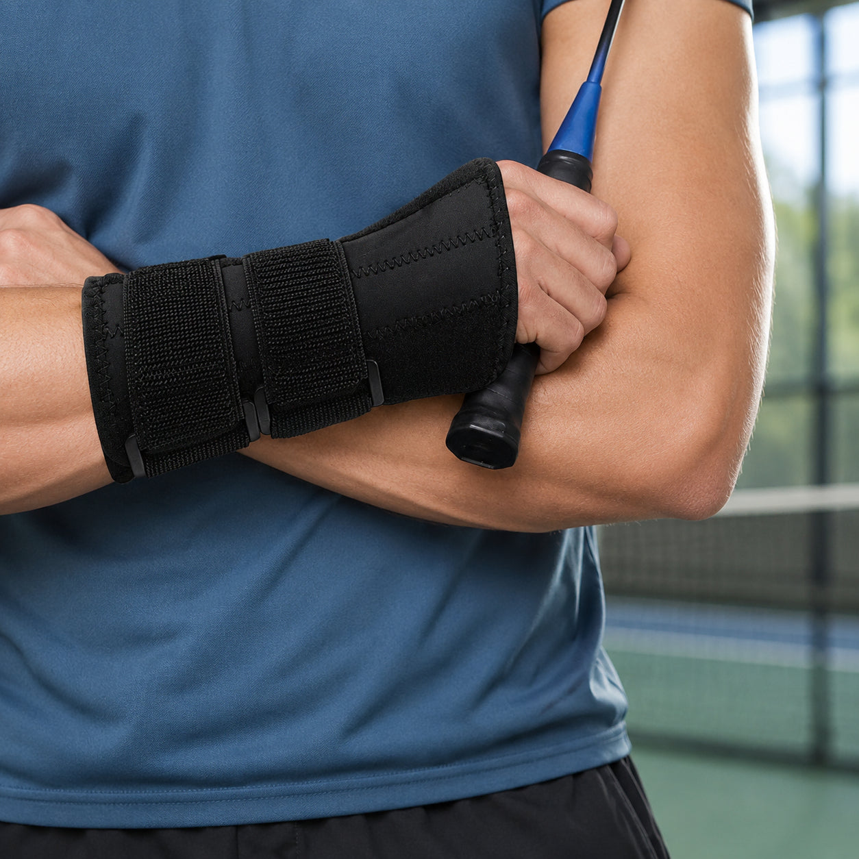 Person använder stabilt handledsbandage under racketsport.